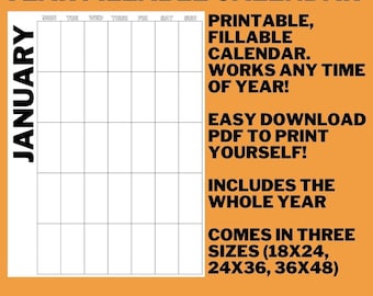 Fillable Year Wall Calendar// Printable PDF