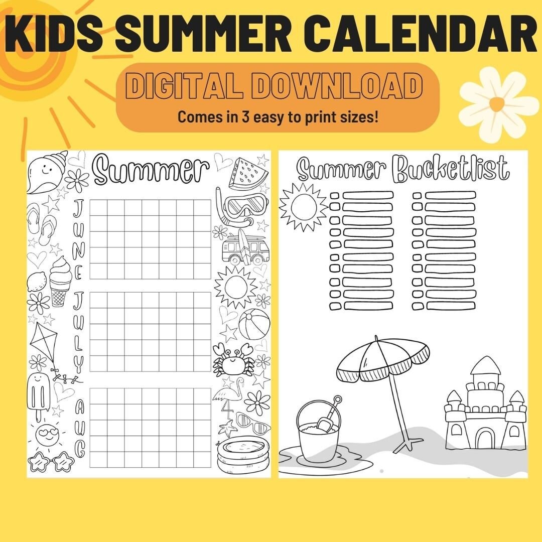 Kids Coloring Summer Calendar// Printable Poster Size PDF Etsy