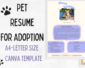 Pet Resume for Adoption, Pet Bio, Pet resume for rental application, dog resume, cat resume, canva template