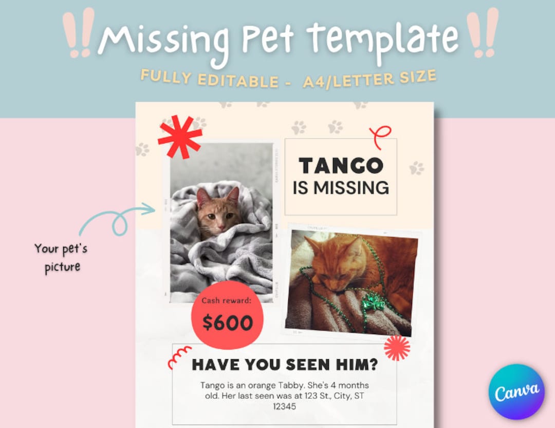 Missing Pet Poster Missing Pet Template Customizable Missing Etsy
