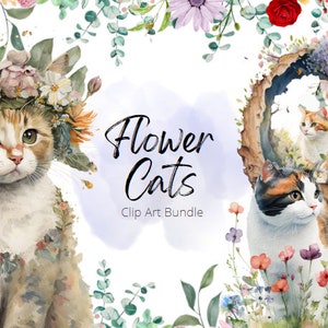 Flower Cats, 13 cliparts, Flower Cat Watercolor Clipart, Cat clipart, cat stickers, clipart PNG, Instant Download, digital sticker