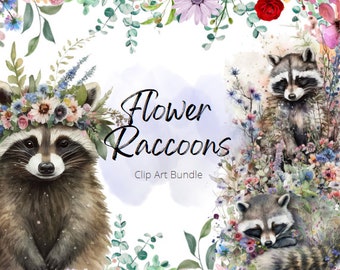 Mapaches de flores, 13 imágenes prediseñadas, imágenes prediseñadas de acuarela de mapache de flores, imágenes prediseñadas de mapache, imágenes prediseñadas PNG, descarga instantánea, pegatina digital