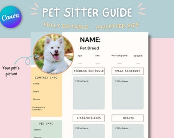 Pet sitter template, Pet sitter template, Pet Sitter Notes, Pet Sitter Form, Pet Sitter Planner, Pet Care Planner, dog info sheet