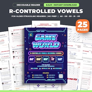 May include: A colorful educational resource titled "R-Controlled Vowels" for older struggling readers. The cover features the words "Game World" in a neon font. The image includes 25 pages of printable activities, including decodable passages and fluency practice.