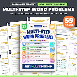 May include: Educational resources for Key Stage 2 pupils, focusing on multi-step word problems. The materials include the S.O.L.V.E. framework, scaffolded practice, and 5 math games. The image features the text "Multi-Step Word Problems" and "59 Pages".