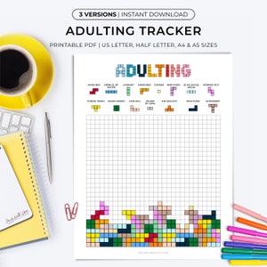 Adulting Tracker Printable, Adult Task Tracker, Adultris Tracker, Tetris Coloring Habit Tracker, Tetris Habit Tracker, Adult daily habit