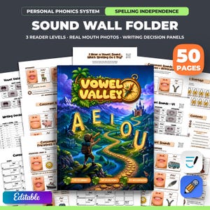 May include: A personal phonics system sound wall folder with 50 pages of educational content. The cover features a Vowel Valley illustration with a child explorer, large glowing A E I O U letters, and a compass. Includes mouth photos and panels.