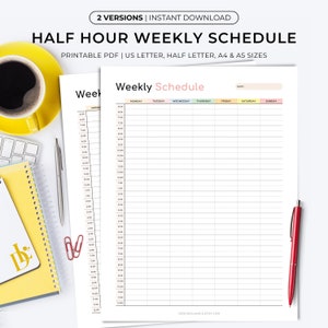 Half Hour Weekly Planner Printable, Half Hour Schedule, Weekly Half Hourly Plan, Hour by Hour Planner, Hourly Schedule, Weekly Timetable