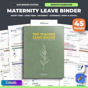 Könnte beinhalten: Ein salbeigrüner Ordner mit dem Titel The Teacher Leave Binder und einer weißen Olivenzweig-Illustration. Das Set enthält 45 Seiten mit druckbaren und digitalen Vorlagen für die Klassenübergabe, inklusive Abschnitten für Mathe und Notfallpläne.
