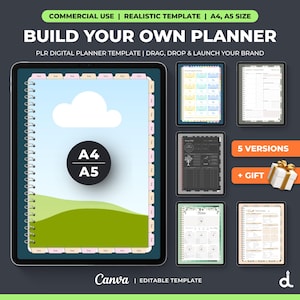 Editable Canva Digital Planner Template for Resale. Drag & Drop Hyperlinked Planner Frame. PLR Digital Journal Mockup A4 A5 for Etsy Sellers