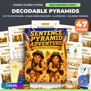 May include: A 47-page educational phonics fluency system titled Sentence Pyramid Adventure. The cover features two children in explorer gear running through a desert with pyramids. The set includes decodable pyramids, colour-coded decoding, and colouring versions for reading practice.