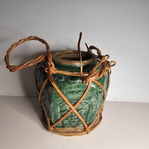 Antique Chinese Shiwan Pottery Hexagonal Ginger Jar Wicker Wrap Basket Green Glaze