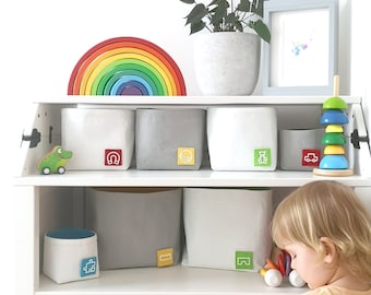 Set of playroom storage baskets for shelves ∎ 4 toy storage bins with labels