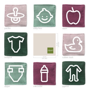 Eight fabric labels in different colours with white cliparts. First row: pacifier on rose; baby face on green; apple on pink. Second row: Bodysuit on green; box; rubber duck on rose. Third row: diaper on green; milk bottle on pink; pajama on green.
