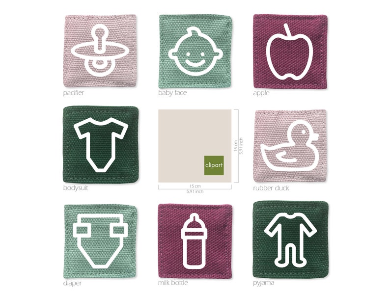 Eight fabric labels in different colours with white cliparts. First row: pacifier on rose; baby face on green; apple on pink. Second row: Bodysuit on green; box; rubber duck on rose. Third row: diaper on green; milk bottle on pink; pajama on green.