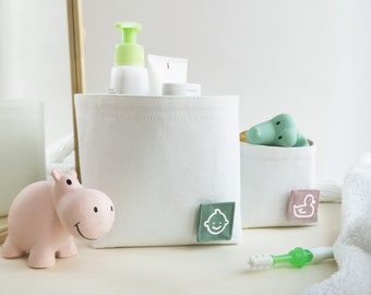 Medium baby changing basket with label ∎ Nursery storage fabric bin for baby accessories