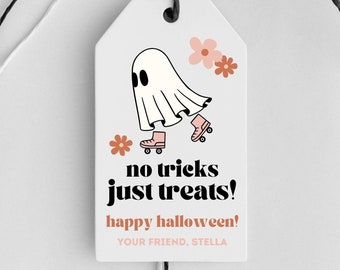 Halloween Customizable Tag | Kids Halloween Favor Tag | Editable Halloween Tag | No Tricks Just Treats Tag | Girly Skateboard Halloween