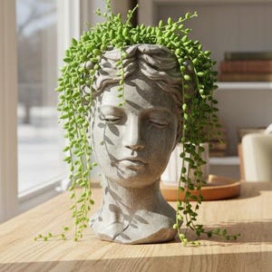 Fioriera con testa in cemento, finitura in pietra pregiata, statua da giardino in regalo