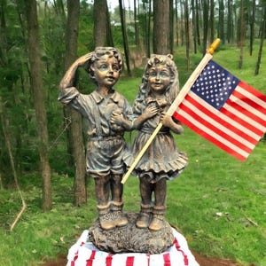 14&quot; Patriotic Flag Children Statue – Antique Stone Garden Decor & Unique Gift American, soldier, Army , USA Decorations