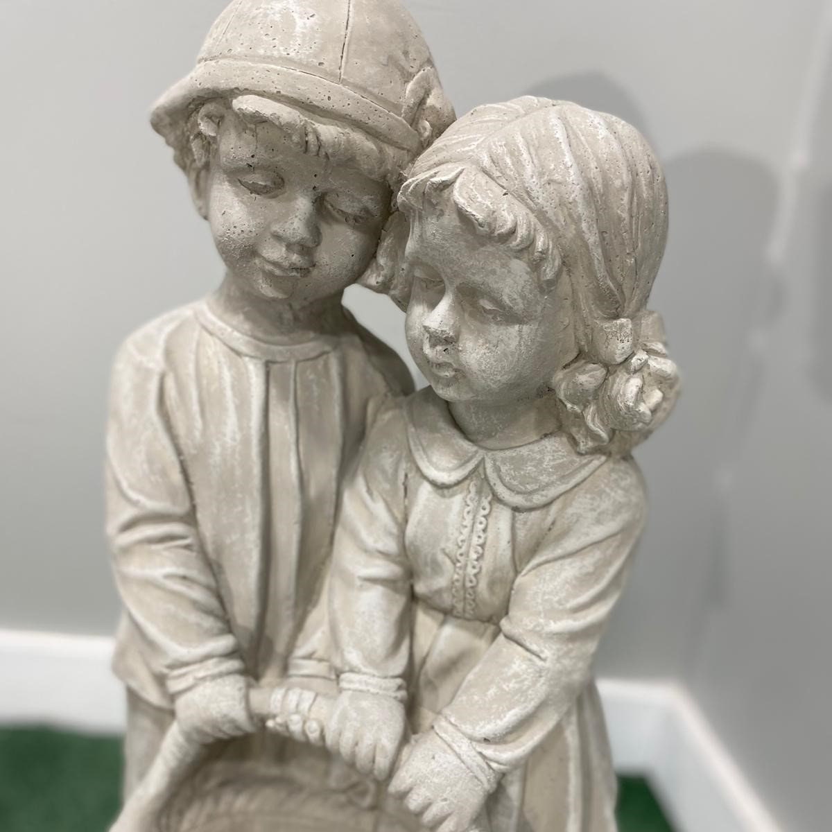 28" Solid Concrete Siblings Statue, Handmade Garden Decor with Solar Light photo 9