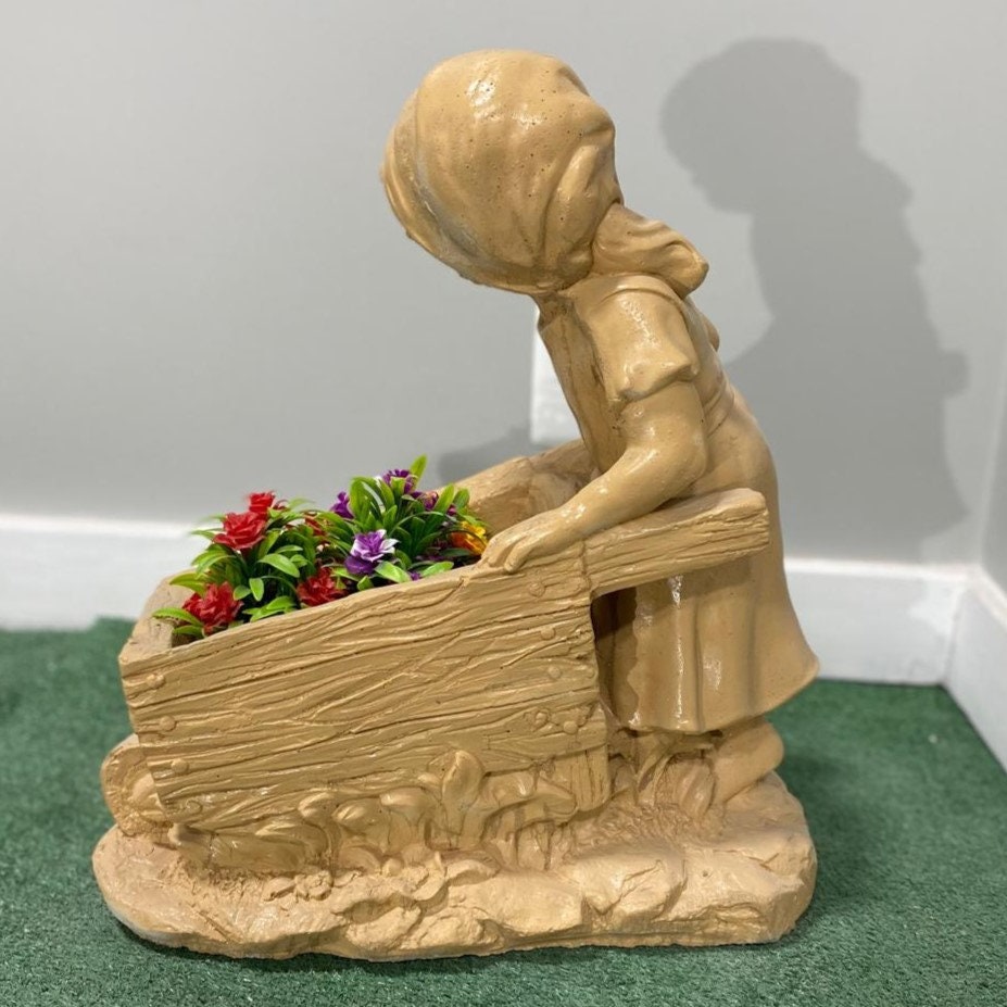 20" Concrete Girl with Wheelbarrow Statue, Hand-Painted Flower Pot photo 5