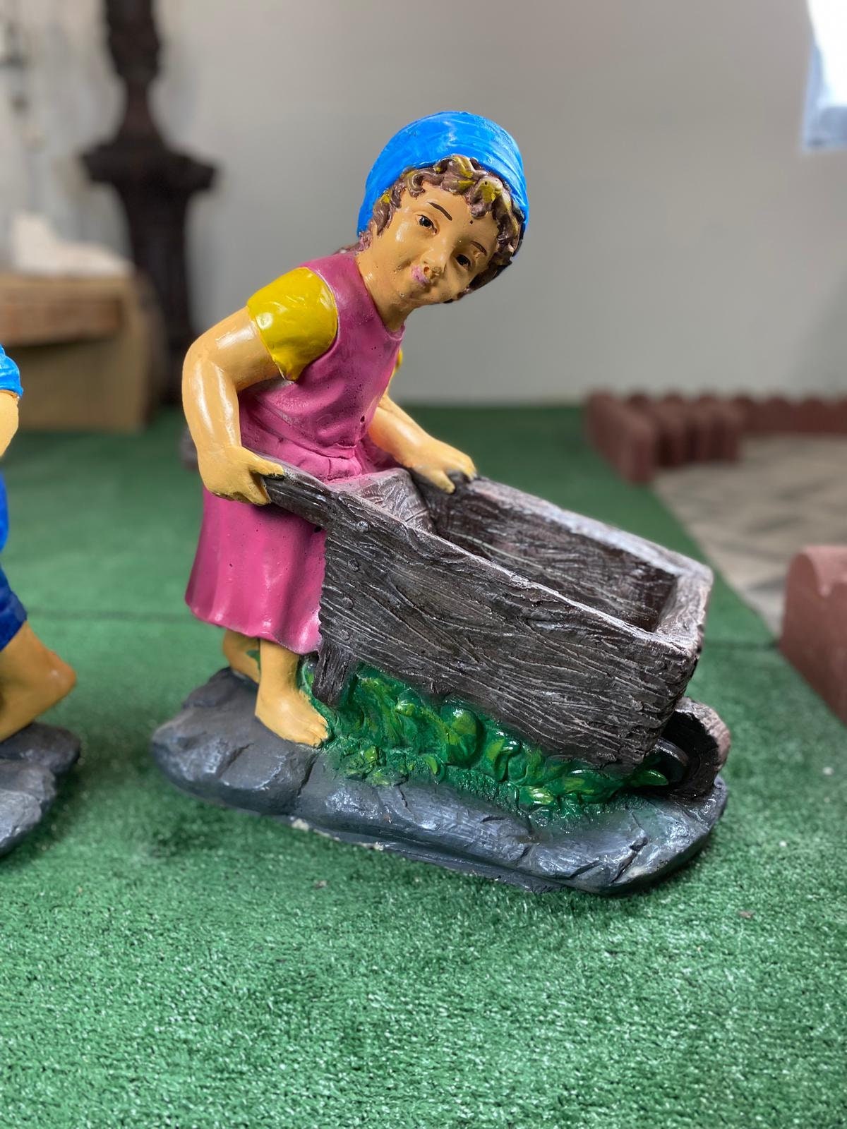 20" Concrete Girl with Wheelbarrow Statue, Hand-Painted Flower Pot photo 7