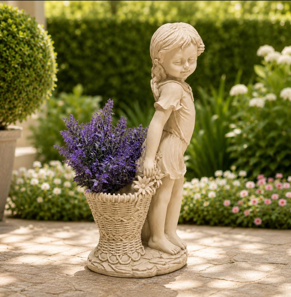 Cement Flower Girl Statue with Urn Planter – Antique Finish Garden Sculpture, Solar Light
