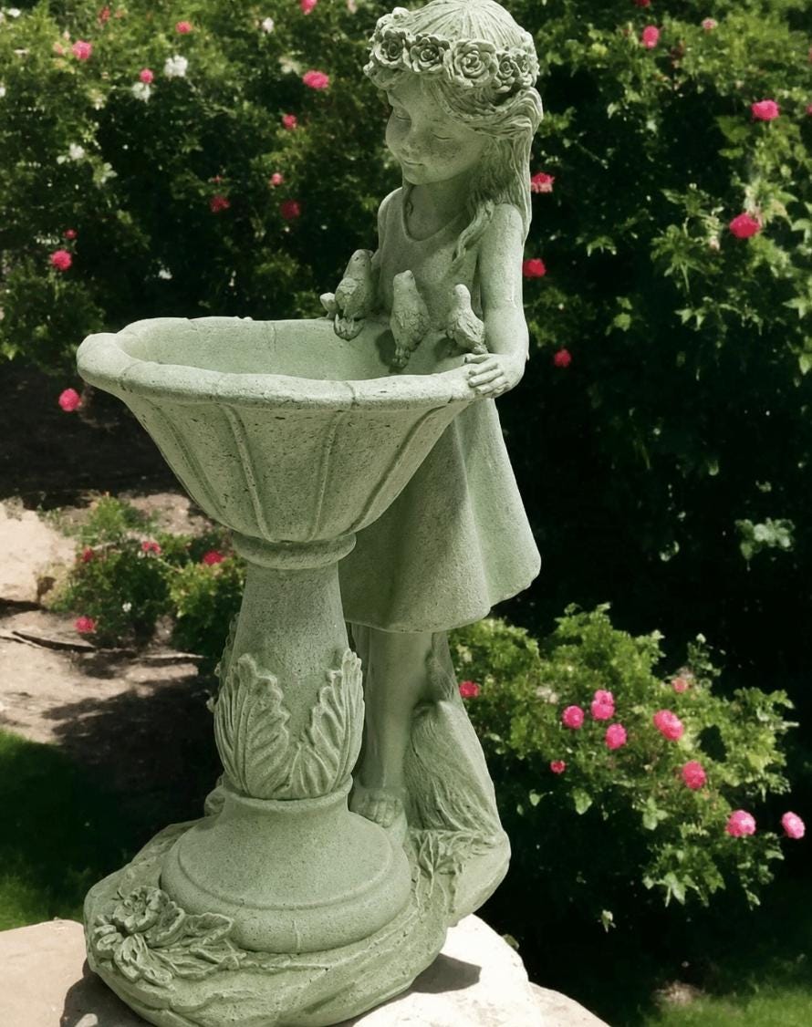 Handcrafted Concrete Girl with Bird Bath Garden Sculpture – Detailed Angelic Women Statue photo 2