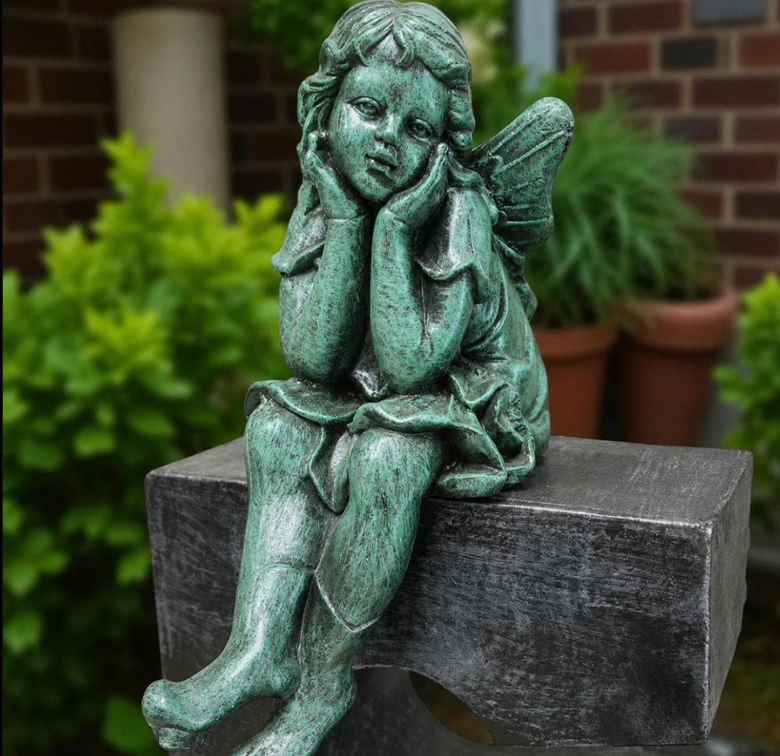 24" Concrete Sitting Angel Statue, Hand-Painted Garden Decor