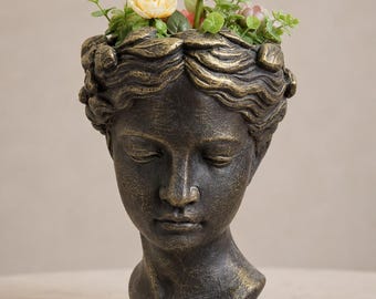 Concrete Head Planter, Fine Stone Finish, Garden Statue Gift