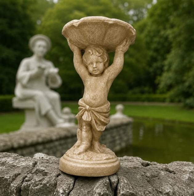 Handcrafted Concrete Boy Holding Birdbath Statue, Outdoor Garden Decor