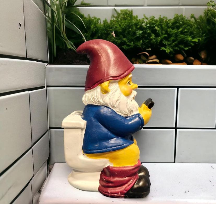 Funny Gnome on Toilet – Resin Garden Statue, Bathroom Decor