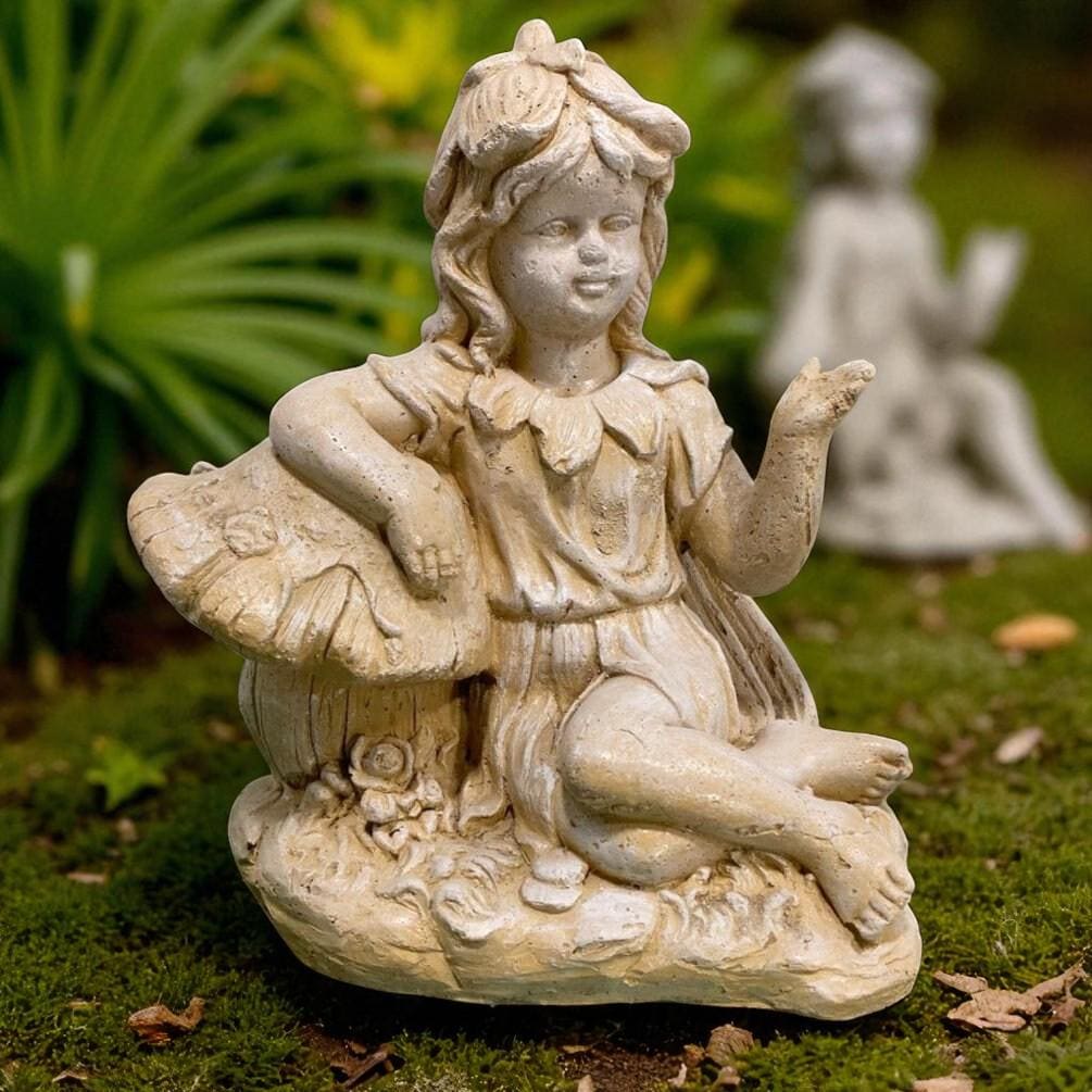 20" Large Concrete Garden Fairy on Mushroom Statue, Magical fairy tale decorations photo 6