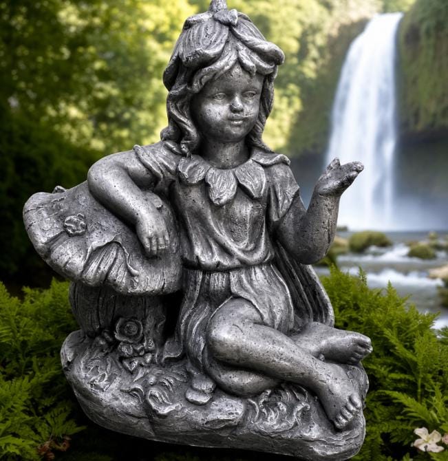 20" Large Concrete Garden Fairy on Mushroom Statue, Magical fairy tale decorations photo 3