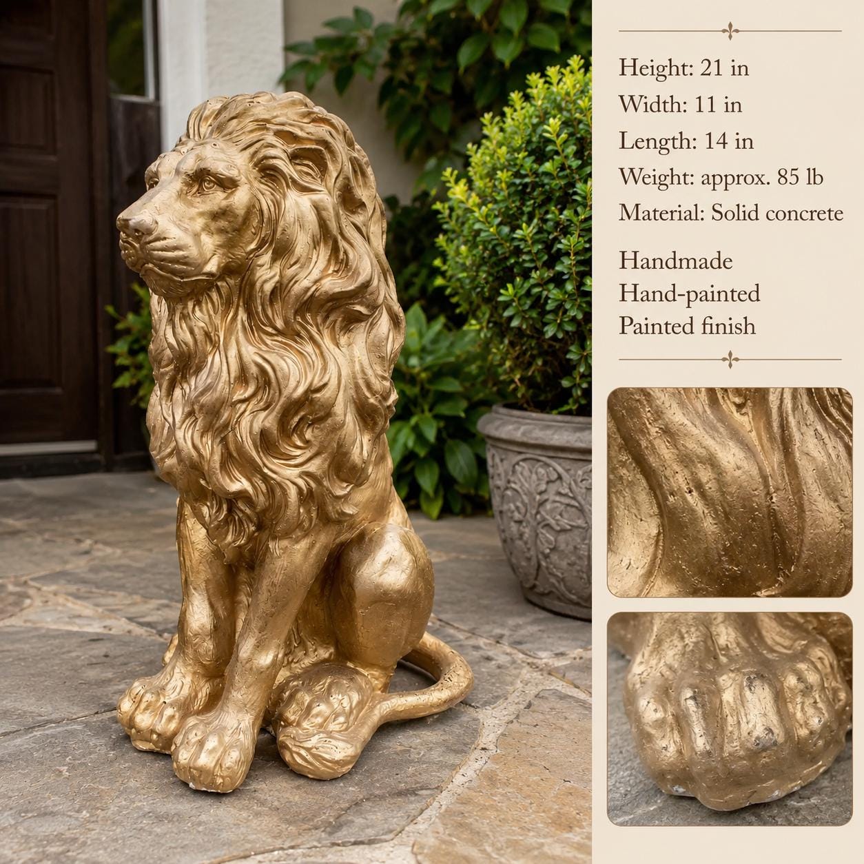 Hand-Painted Concrete Lion Statue – Outdoor Guardian Sculpture (21" H) photo 7