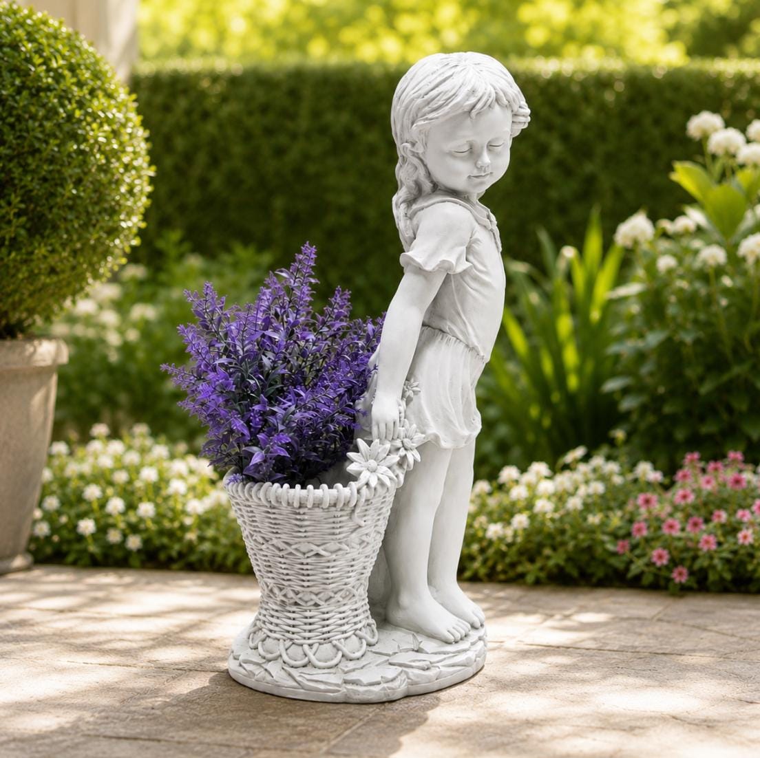 Cement Flower Girl Statue with Urn Planter – Antique Finish Garden Sculpture, Solar Light photo 4