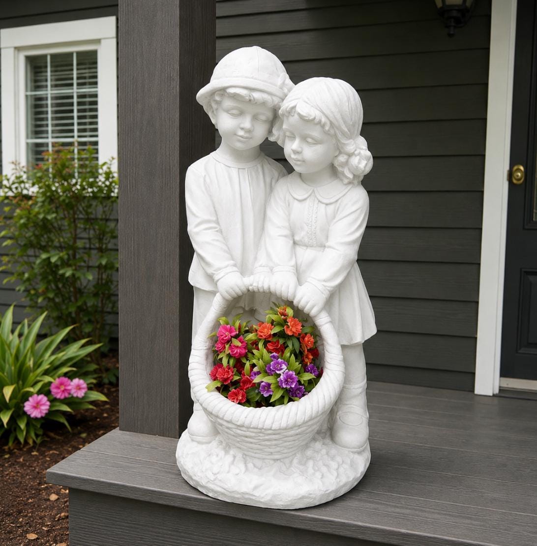 28" Solid Concrete Siblings Statue, Handmade Garden Decor with Solar Light