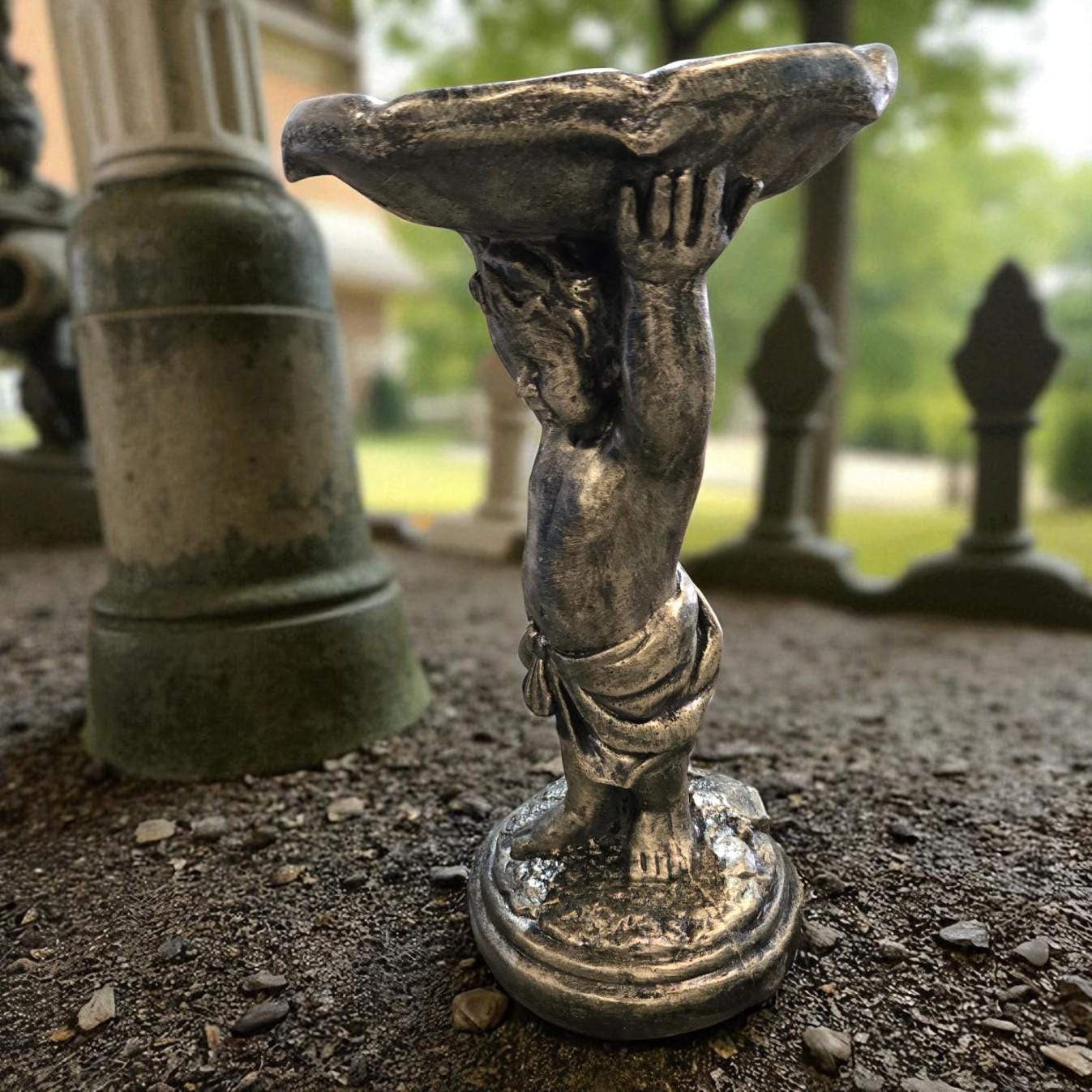 Handcrafted Concrete Boy Holding Birdbath Statue, Outdoor Garden Decor photo 10