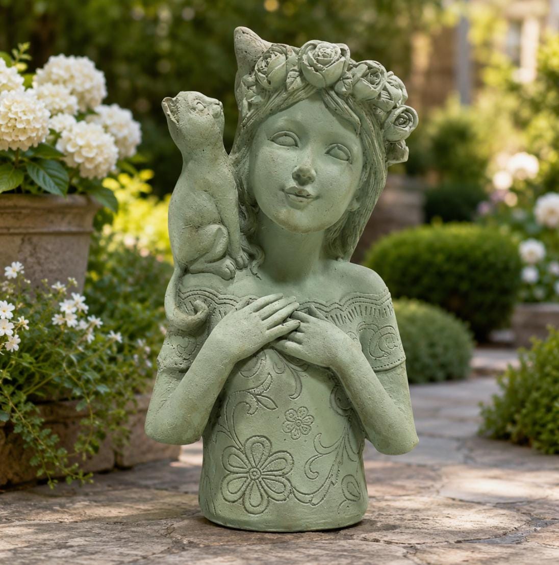 Rose Crown Girl Cat Statue, Hand-Painted Concrete Floral Sculpture, Cottage Garden Decor Yard Art photo 5