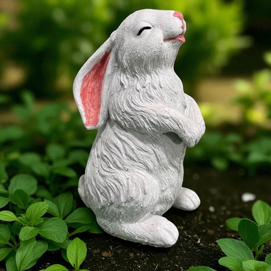 Hand-Painted Concrete Smiling Rabbit Statue, Garden Decor (12.5 inch)