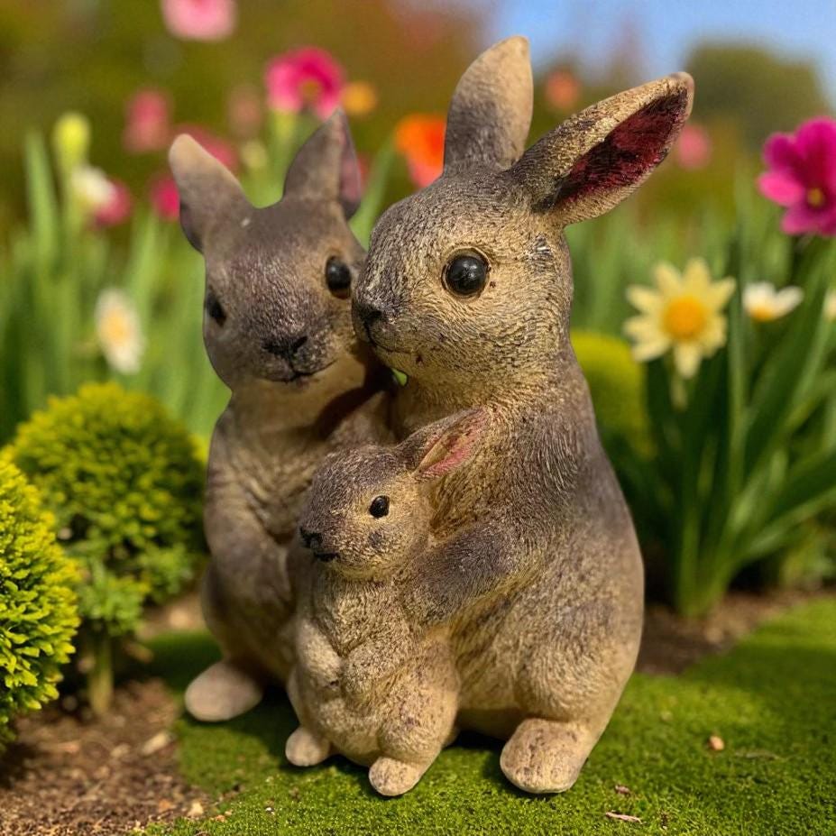 Concrete Rabbit Family Statue, Weatherproof Garden Decor, 9 inch photo 6