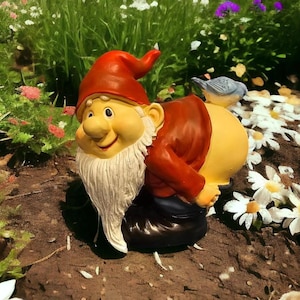 May include: A red and white garden gnome figurine with a long white beard, wearing a red hat and holding a small blue bird. The gnome is squatting down with its back to the viewer.