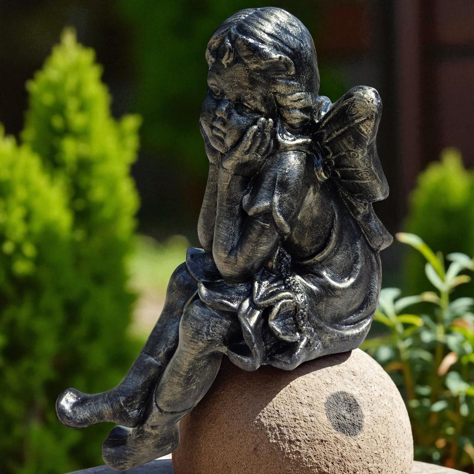 24" Concrete Sitting Angel Statue, Hand-Painted Garden Decor photo 6