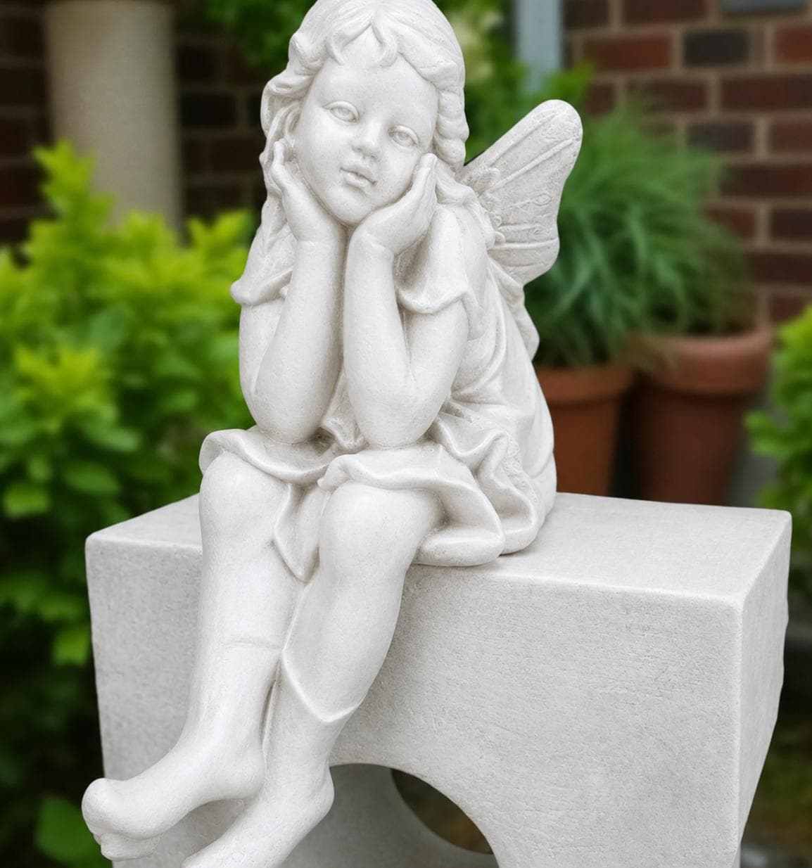24" Concrete Sitting Angel Statue, Hand-Painted Garden Decor photo 3