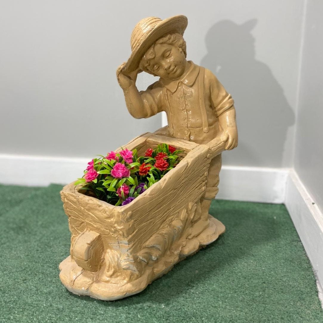 Concrete Boy with Wheelbarrow Statue, Hand-Painted Garden Decor (21 inch) photo 6