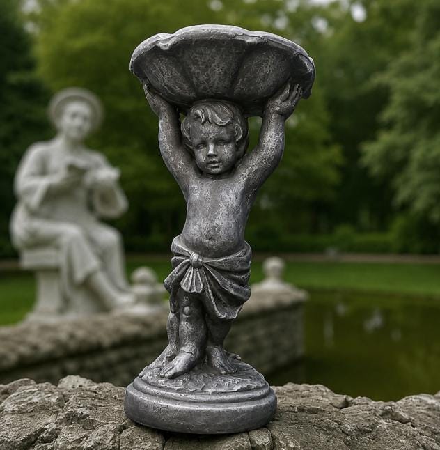 Handcrafted Concrete Boy Holding Birdbath Statue, Outdoor Garden Decor photo 6