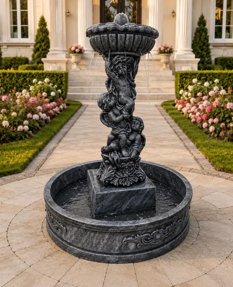 5 Ft Concrete Cherub Garden Fountain, Large Outdoor Water Feature, 4 Ft Basin, Estate Decor photo 5