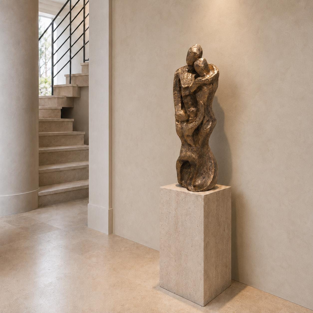 24-Inch Heirloom Bronze Solid Concrete Family Sculpture: Handmade Abstract Parent and Child Embrace Statue