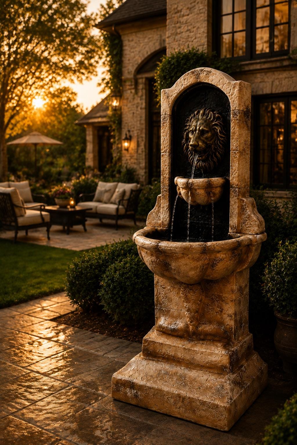 61-Inch Handmade Solid Concrete Lion Wall Fountain – Freestanding Estate Water Feature with Pump photo 2