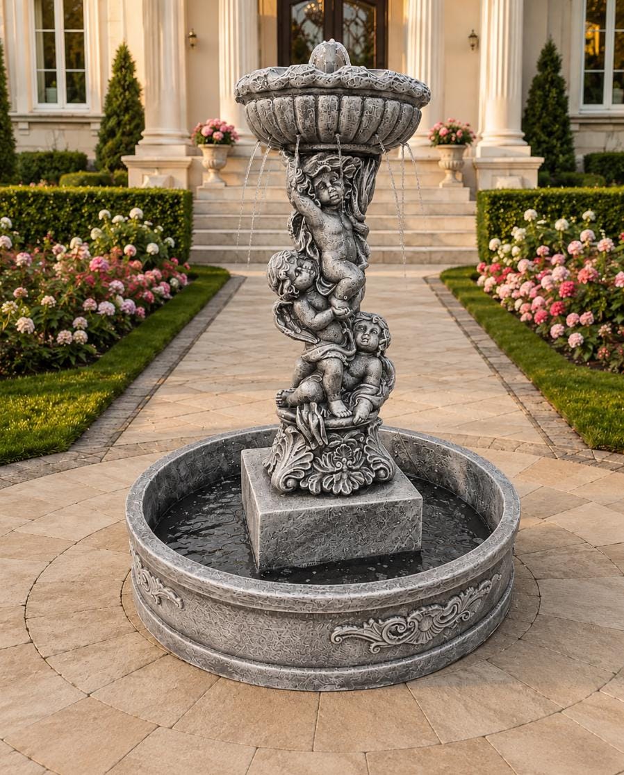 5 Ft Concrete Cherub Garden Fountain, Large Outdoor Water Feature, 4 Ft Basin, Estate Decor photo 3